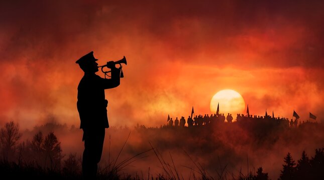 Bugler Silhouette Playing a Trumpet at Sunrise with a Distant Formation of Soldiers