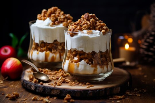 Creamy layered dessert in glass cups on a rustic wooden board with apples and candlelight