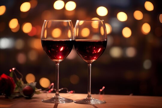 Two wine glasses filled with red wine against a background of sparkling bokeh lights