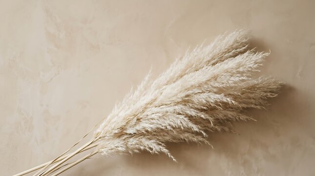Dried pampas grass stems resting on a beige textured wall background, creating a soft and neutral aesthetic with organic botanical textures and light