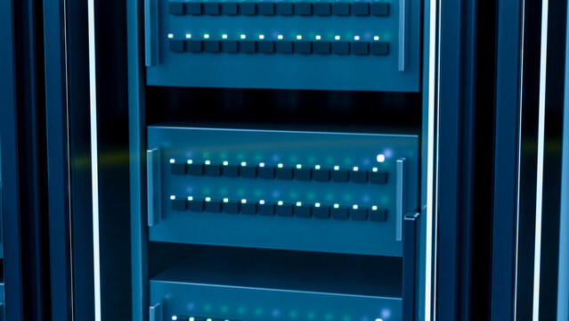 Server rack with led indicators in data center technology setup