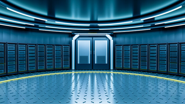 Futuristic data center with server racks and illuminated doors