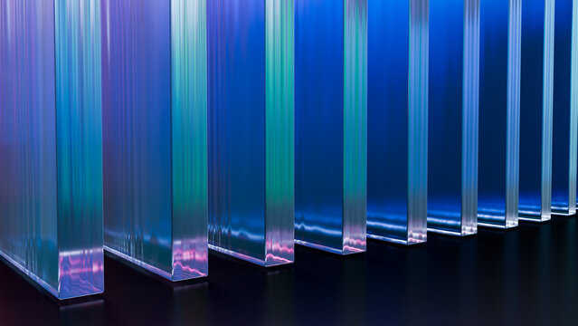 Vertical transparent glass panels with blue and purple reflections