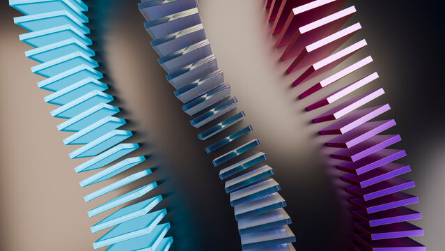 Abstract illustration of three colored domino chains in motion