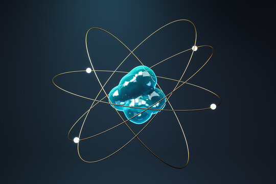 Glowing turquoise atom with luminous electron orbits, isolated science symbol on a dark blue abstract background for quantum research. 3D Rendering