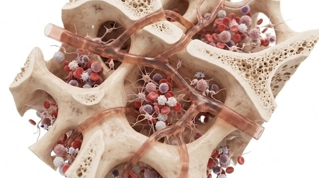 Three dimensional render of spongy bone marrow with blood cell production trabecular cells human anatomy
