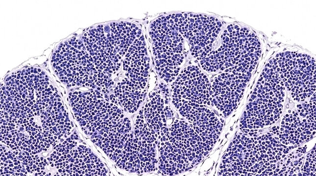 Close up microscopic image of human thymus tissue showing lobular structure with gland immune system thymic lobules