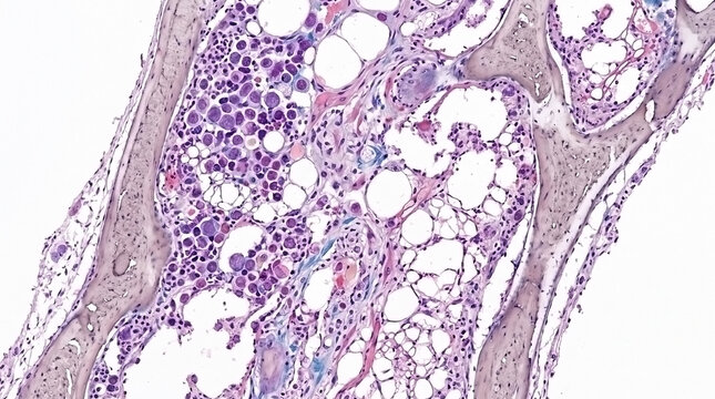 Medical histology of bone marrow showing adipose tissue and blood cell precursors with fat cells