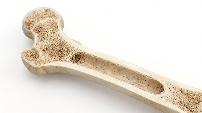 Longitudinal cross section of a femur bone revealing internal spongy marrow cavity with cancellous white background