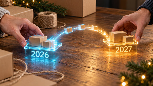 Glowing parcel delivery transition representing year change and festive shipping logistics