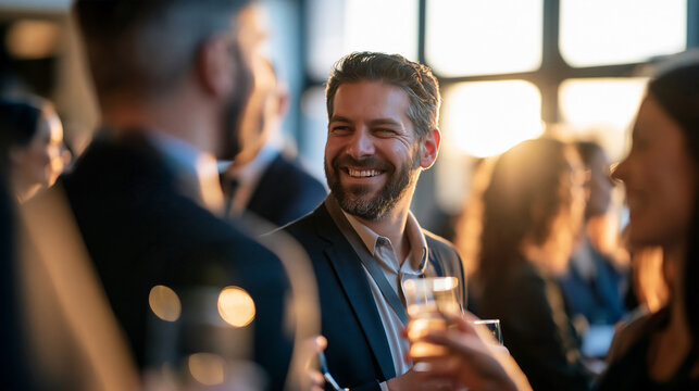 Business people networking talking and having fun at a corporate event cropped at the chest laughing with drinks in hand hall with large windows in soft focus cheerful mood business