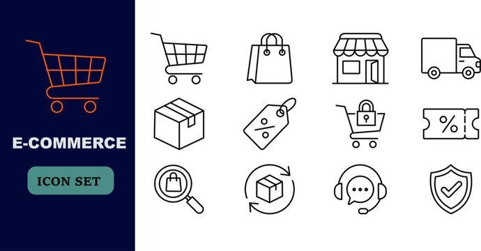 E-commerce and Online Shopping Line Icon Set - Retail, Delivery, and Support Vector Collection