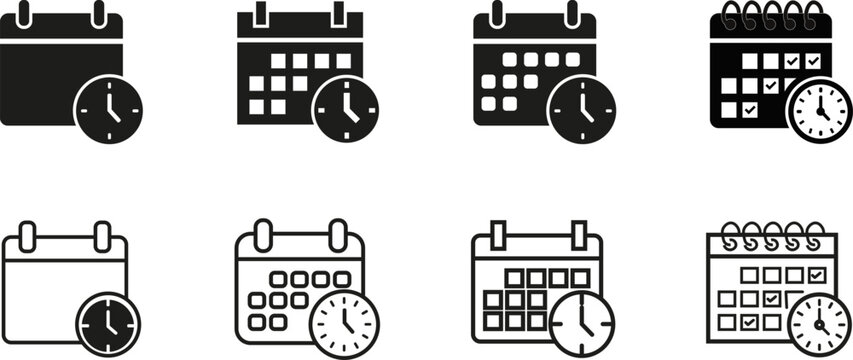 Calendar and Clock Solid and Line Icon Set - Time Management and Schedule Vector