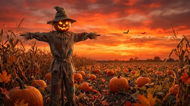 Creepy Pumpkin Scarecrow Standing in Pumpkin Patch Field at Autumn Sunset
