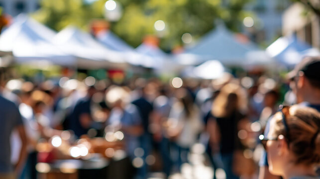 Out of focus photo of a large blurred crowd gathered at an outdoor event near a registration table on a city plaza white tents and daylight out of focus blurred crowd outdoor event