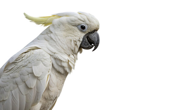 Beautiful white cockatoo parrot avian bird perched looking forward wildlife, isolated on transparent background.