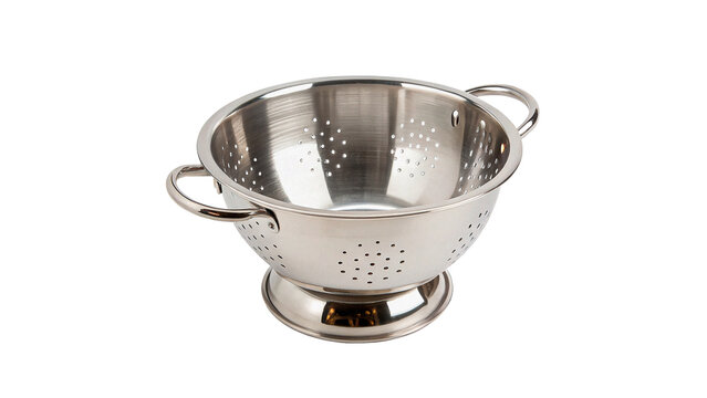 Stainless steel metallic colander kitchen strainer sifter cooking culinary utensil, isolated on transparent background.