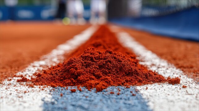 Medium shot capturing the meticulous layering of red clay on a tennis court creating a soft natural surface ideal for slow strategic gameplay.