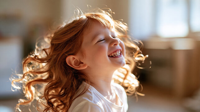 Little girl with curly red hair laughing shown in rear three quarter view with her head tilted back and curls bouncing wearing a white shirt in a sunlit room cheerful mood little girl