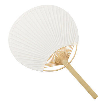 Flat round Japanese uchiwa fan with a white pleated paper face and a bamboo frame and handle, a traditional hand fan, isolated on transparent background