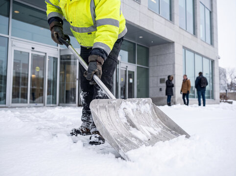 Worker shoveling snow from sidewalk in front of office building during winter