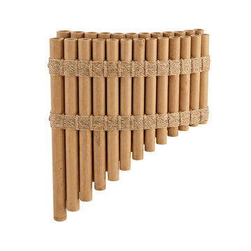 Bamboo Andean pan flute made of graduated bamboo tubes bound with two bands of natural twine, a traditional wind instrument, isolated on transparent background