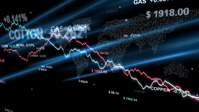 Widescreen 16:9 4K 3D motion graphic of a financial data space on a black background. A white blue stock chart line and a red line draw themselves acr.