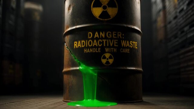 A glowing green liquid spills from a rusted radioactive waste barrel in an industrial setting under dim lighting