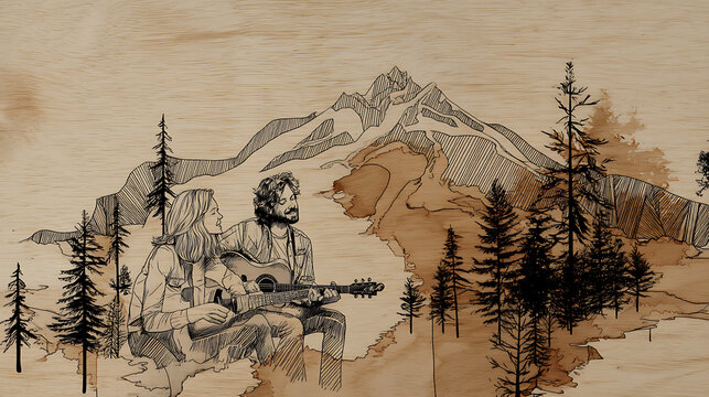 Hand-drawn illustration of a couple playing guitar in a scenic mountain landscape with pine trees