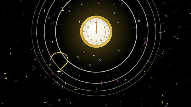 Elegant 2D animation of a golden analog clock whose hands spin clockwise and stop at midnight, triggering a golden ring burst, then thin gold line dig.