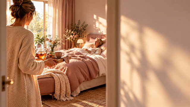 Woman carrying a breakfast tray to an elderly woman resting in a sunlit bedroom