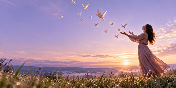 Woman raising her hands toward floating paper cranes in a peaceful sunrise landscape