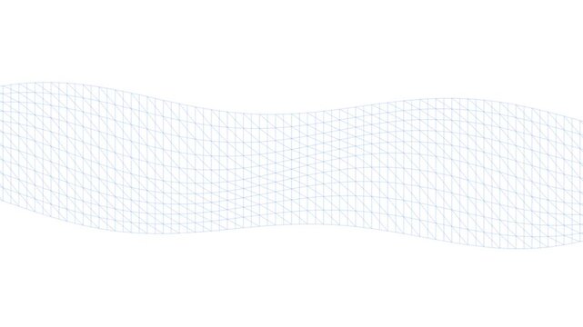 Abstract blue wireframe wave grid flowing smoothly across clean white background representing digital data movement and network technology