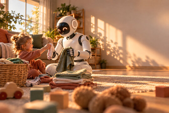 Child folding laundry with a helpful humanoid robot in a bright living room