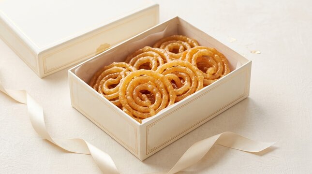 Indian jalebi sweets in an elegant gift box, Diwali gifting idea, traditional Indian dessert, golden crispy spirals, festive present, cultural celebration, sweet food
