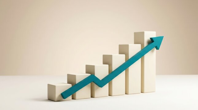 Minimal 3D render of progressive bar chart with teal upward arrow showing business growth financial success investment return and strategic performance progress on neutral background