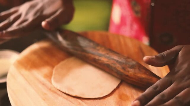 Hands roll soft dough into thin flatbread on a round wooden board today