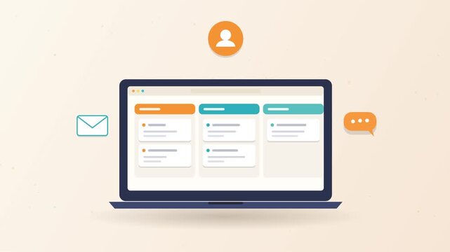 Flat vector animation of a laptop task management dashboard where email envelope and chat bubble icons send task cards flying in curved paths to kanba.