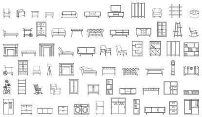 Furniture elevation view CAD symbols   interior design couch chair cabinet wardrobe set   architectural linear object icon collection   line art vector illustration isolated © Stocklume