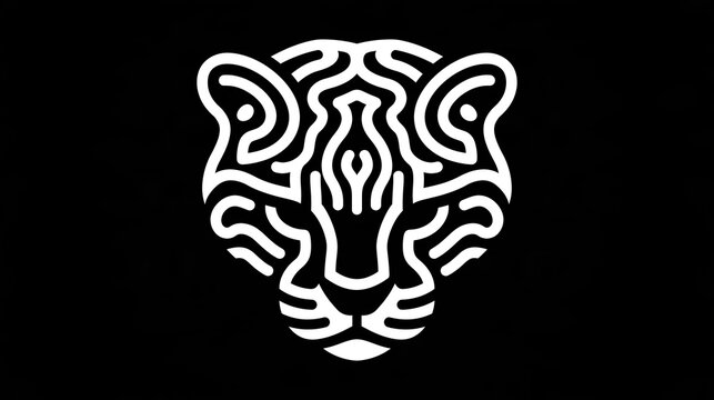 White ocelot tiger head line art logo on black background