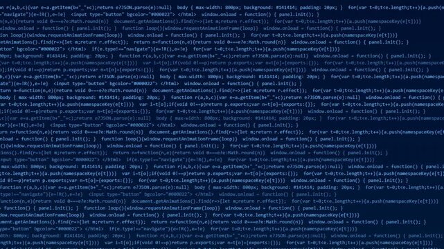 Complex computer source code scrolling vertically against bright blue glowing digital background screen interface
