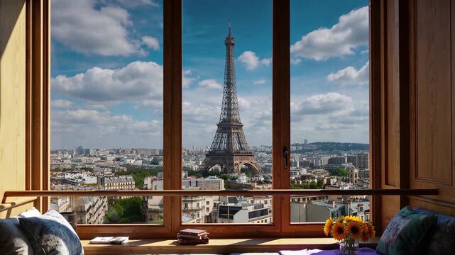 Eiffel Tower View From Parisian Window with Sunflowers and Cozy Seating Interior Daytime Cinematic
