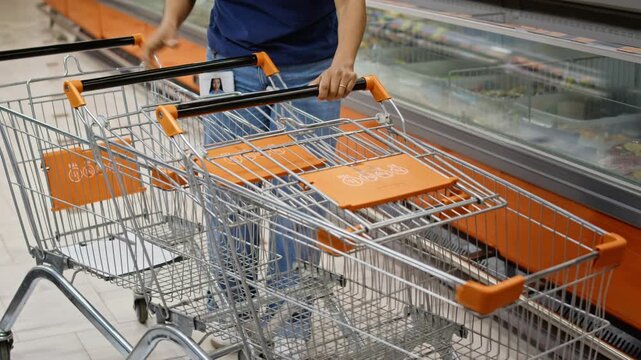 Young adult female supermarket worker pushing empty shopping carts along grocery store aisle. Ideal footage for retail management marketing, grocery advertising, and supermarket operations training