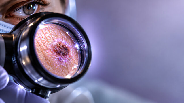 Close-up of a dermatologist examining a pigmented skin lesion with a magnifying dermatoscope