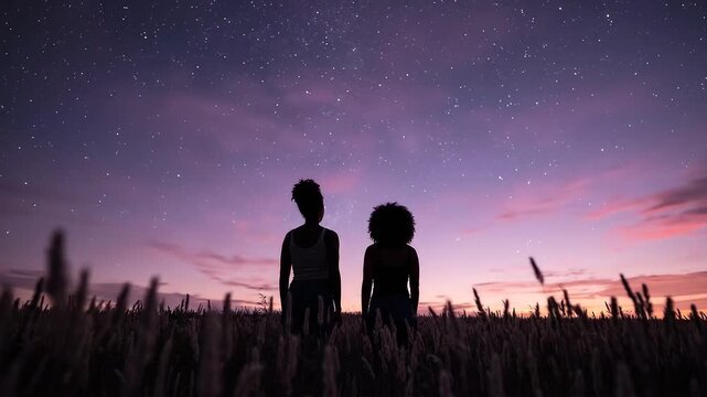 Two Women Gazing at Starry Twilight Sky in a Serene Field