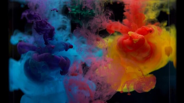 Colorful ink drop in water photograph. Vibrant blue, red, purple and yellow pigments dispersing in transparent background. Abstract fluid art photography for creative design projects.
