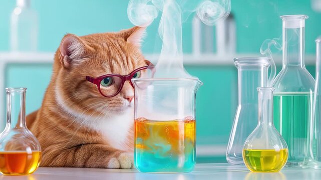 Scientific discovery sparks curiosity as intelligent ginger cat wearing eyeglasses observes steaming chemical reaction in laboratory beaker. Lockdown shot with slow horizontal panning.