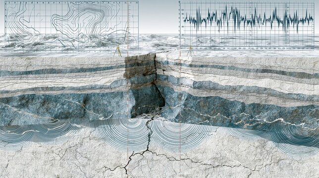 A geological cross-section shows two locked crust blocks pressing along a fault line, with offset rock strata, hairline ground cracks, and pulsing seismic wave lines. Survey stakes, contour map