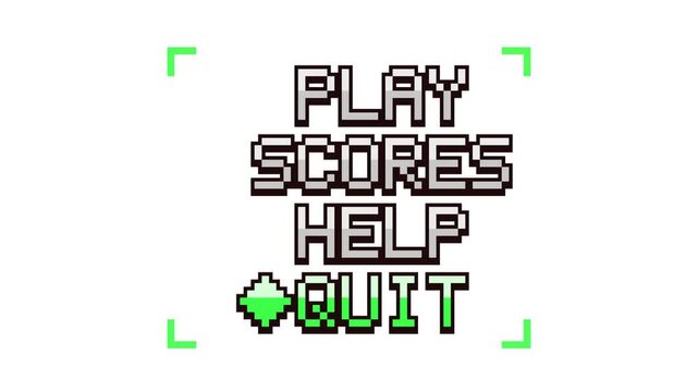 Seamless looping 8-bit pixel art game menu animation: menu items type in one by one, a pixel cursor navigates through the options, confirms a selectio.