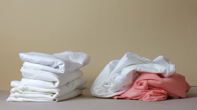 Clothing donation pile stop motion animation featuring stacked blue denim jeans, folded white t-shirts, pink garments, and a handwritten donate sign card for charity drive.